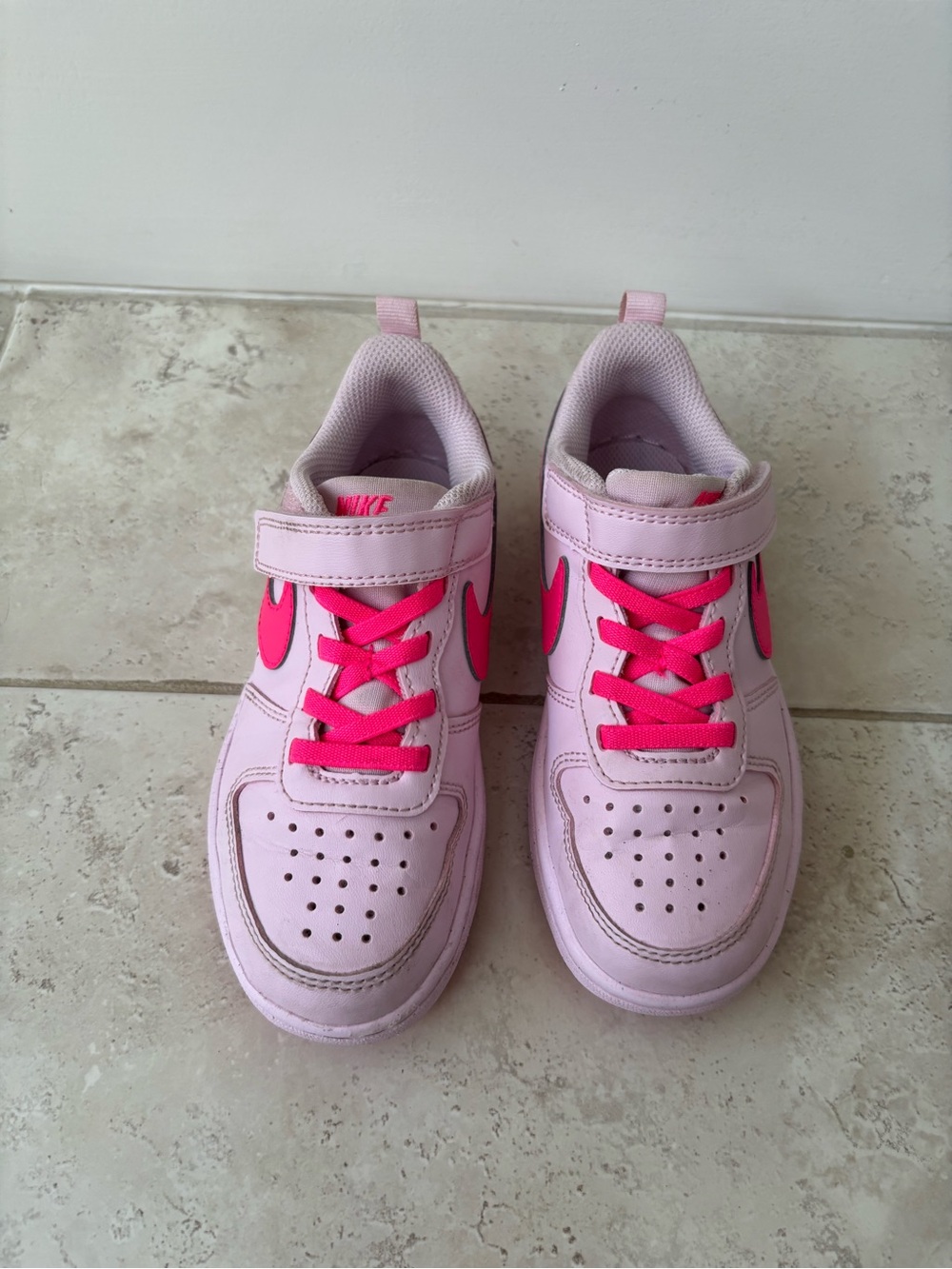 Nike Kids Pink Sneakers with Hot Pink Swoosh and Laces